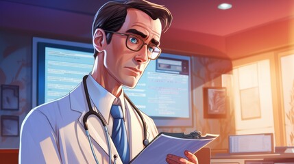 Aufkleber - A doctor, his stethoscope draped around his neck, looks up from his patient's chart, a hint of a smile playing on his lips.