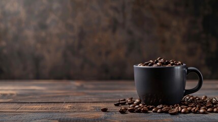 Wall Mural - Coffee cup and beans on wooden surface with dark backdrop and space for text banner