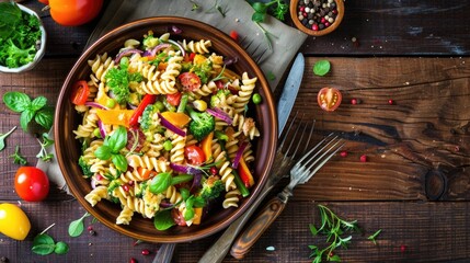Poster - A bowl of pasta with mixed vegetables served on a wooden table, ideal for food photography or social media posts