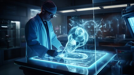 Poster - A doctor using a virtual hologram screen to control and interact with medical equipment during a surgical procedure.