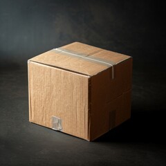 A sealed cardboard box on a dark background, highlighting packaging, storage, and shipping in a simple, focused setting