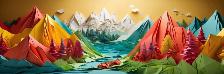 Wall Mural - Colorful Origami Mountain Peaks: A Creative Landscape Crafted from Folded Paper