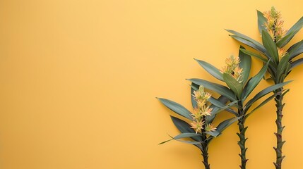 Poster - Yellow Background with Green Leaves and Yellow Flowers