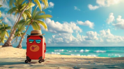 Wall Mural - Cute Red Suitcase with Sunglasses and Hat on Tropical Beach, Generative AI