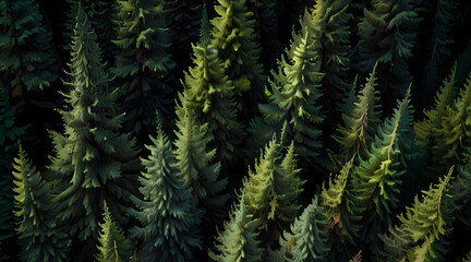 Wall Mural - Aerial perspective of a coniferous forest, with tall evergreens creating a dense, dark green canopy.