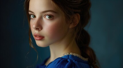 Wall Mural - A young girl wearing a blue dress and braided hair, posed in a simple setting