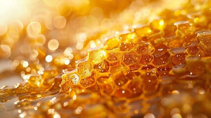 Leinwandbilder - A macro photograph of a honeycomb filled with golden honey droplets, glistening under a warm light.