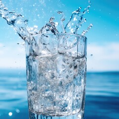 Close-up of a refreshing glass of ice water splashing over against a clear blue ocean background on a sunny day.