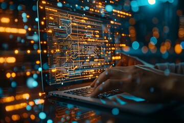 Hands Typing on Laptop with Digital Code and Data Visualization