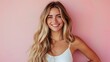 © naphat - Photo of an attractive woman in her late thirties with long blonde hair, smiling and standing against a pastel pink background. She is wearing white . The lighting should be soft and natural,