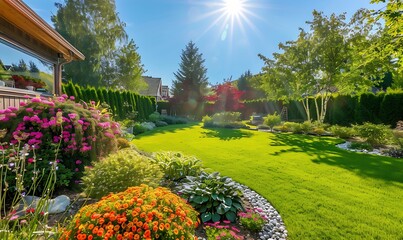 Wall Mural - Gorgeous Backyard with Well-Kept Lawn, Colorful Flowerbed, and Healthy Shrubs Under the Warm Sunshine