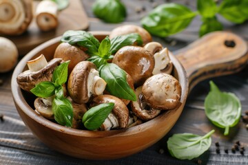 Wall Mural - Cooked Mushrooms on Wooden Board with Basil Garnish, Close-up Shot