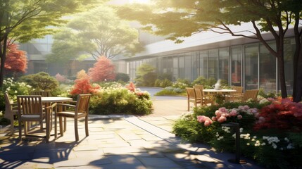 A tranquil scene of a hospital garden bathed in the soft light of the morning sun, offering a peaceful escape from the clinical environment.