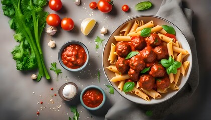 Wall Mural - Penne pasta with meatballs in tomato sauce and vegetables in bowl. Top view. Flat lay
