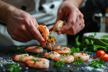 Wall Mural - Chef cooks shrimp and greens  healthy vegetarian dish on dark background.
