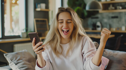 Uma mulher loira jovem e atraente em uma sala de estar comemora com o telefone na mão, demonstrando alegria e entusiasmo em um ambiente doméstico moderno e interno.