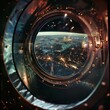 © Mimi - A spacecraft window showing a reflection of the galaxy, high-tech, detailed, futuristic, cosmic, reflective