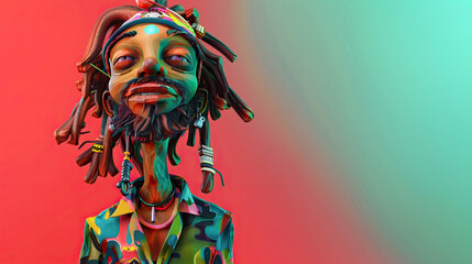 Wall Mural - 3D cartoon reggae artist with dreadlocks and a vibrant