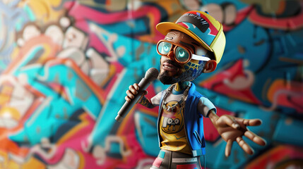 Wall Mural - 3D cartoon rapper with a microphone and a graffiti background