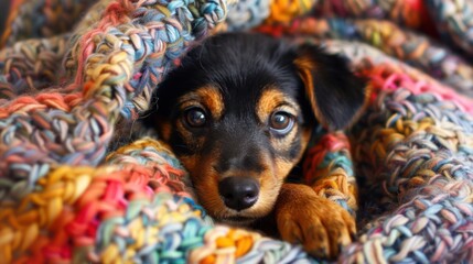 Wrapped In Blanket. Cute Pet Puppy Dog Keeping Warm in Winter.