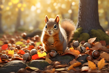 A baby squirrel in a playful mood, surrounded by autumn leaves and nuts. For children or kids contents, cartoon concepts or animal-themed projects.
