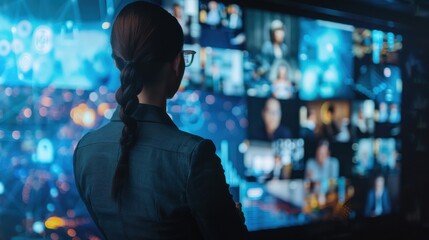 Wall Mural - Female CEO in charcoal grey suit, torso view, networking at global forum, sleek conference room backdrop, symbolizing global corporate influence, digital tone, Triadic Color Scheme