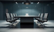 © trompinex - Front view of empty modern conference room with office table and chairs with dark wall in minimalist style.