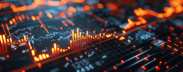 Leinwandbilder - Cinematic lighting on digital stock market background with charts and graphs, double exposure, blurred orange, indigo, and gunmetal tones