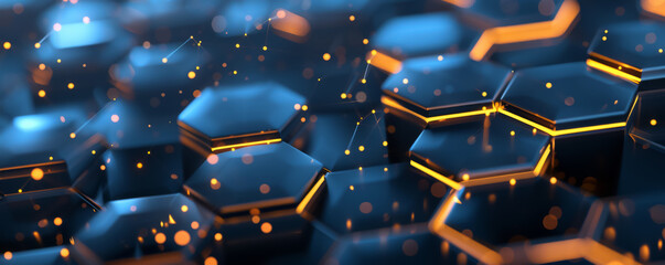 Leinwandbilder - Modern tech design with blue abstract futuristic background, featuring hexagons and glowing particles