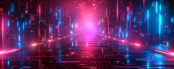 Leinwandbilder - Cyberpunk digital background with holographic elements, neon light, data flow, and computer chip, abstract digital technology concept
