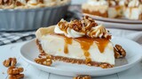 Vanilla Cheesecake pie desserts with caramel and walnut topping in the fridge