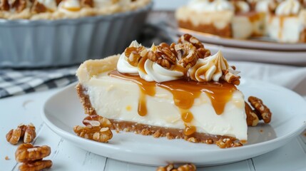 Vanilla Cheesecake pie desserts with caramel and walnut topping in the fridge