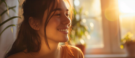 Portrait. Dreamy girl indoors in profile near the window lit by the sunset. Wide view. Generative AI