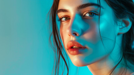 Wall Mural - Closeup portrait of a sensual young woman with green eyes posing on blue background. Generative AI.