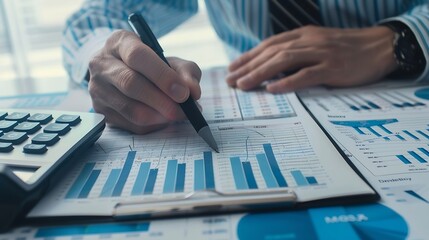 Poster - Asian accountant working and analyzing financial reports project accounting with chart graph in modern office finance and business concept : Generative AI