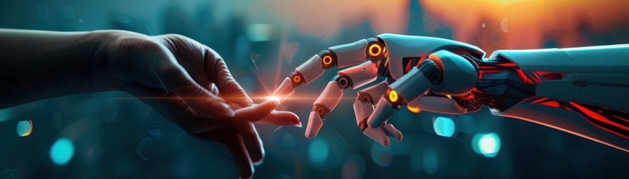 Human and robot hands connecting in a futuristic setting, unity, Human-robot interaction, Unified future with technology