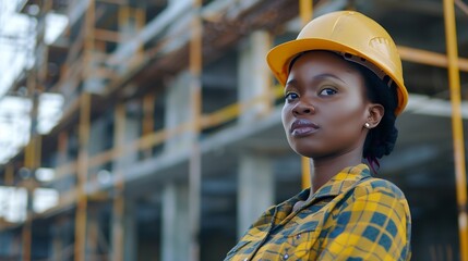 Aufkleber - Engineer construction site and portrait of a black woman outdoor for development and architecture African female contractor happy about building project engineering and safety inspecti : Generative AI