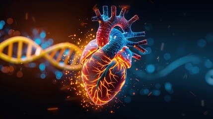 Wall Mural - Human heart with DNA helix background, genetic engineering, medical visualization 