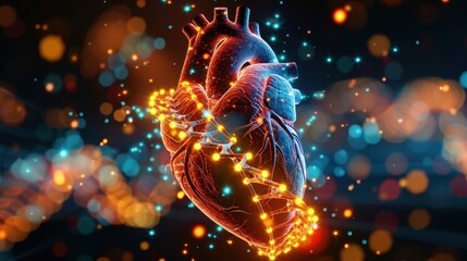 Wall Mural - Human heart with DNA strands and abstract lights, medical science, genetic engineering --ar 16:9 --style raw --personalize ynieqga