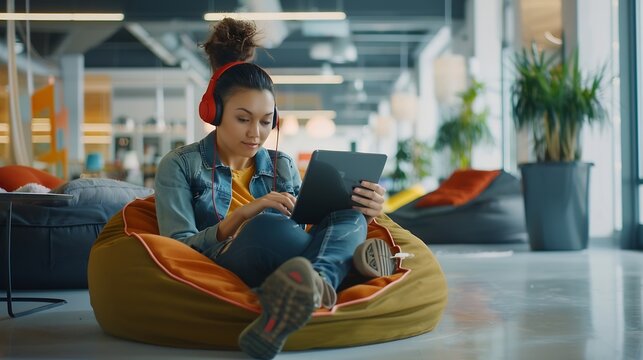 Creative intern browsing online with a tablet listening to music on wireless headphones Female on a break sitting on bean bags in a casual office space to improve creativity work and m : Generative AI