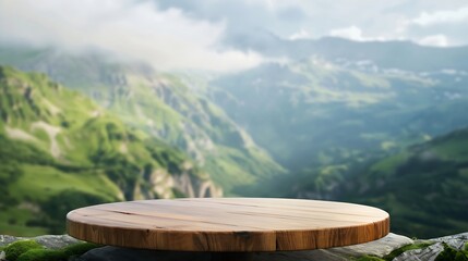 Poster - Wooden pedestal on table and green landscape of mountains : Generative AI