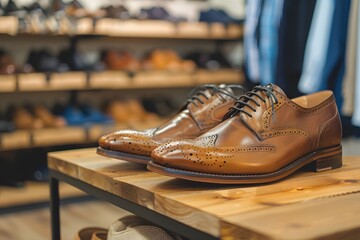 Wall Mural - Elegant Brown Leather Brogue Shoes on Display in a Stylish Shoe Store