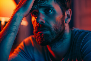 Closeup of thoughtful tired and stressed man indoor in colorful lightening background. Generative AI