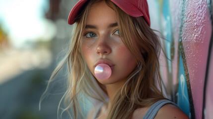 Canvas Print - trendy beautiful long haired young model posing on graffiti background. Blow bubblegum. red cap. grey t-shirt