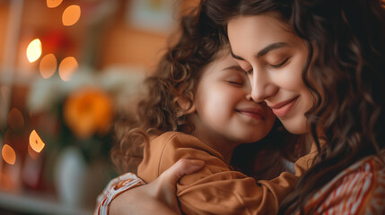 Wall Mural - Lovely Hispanic mother and her little daughter hugging on bokeh light background. Generative AI.