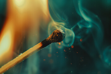 Macro shot of an unlit matchstick with smoke on dark background. Generative AI.