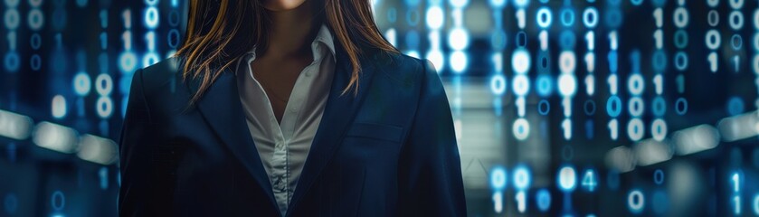 Wall Mural - Female CEO in navy blue suit, torso view, binary code backdrop, modern office setting, representing digital transformation, cybernetic tone, Analogous Color Scheme