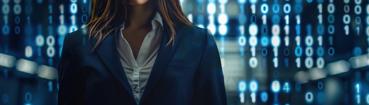 Female CEO in navy blue suit, torso view, binary code backdrop, modern office setting, representing digital transformation, cybernetic tone, Analogous Color Scheme