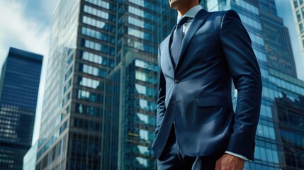 Male CEO in navy blue suit, torso view, planning global expansion, highrise office backdrop, representing international growth strategies, technology tone, vivid