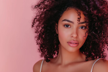 Wall Mural - Young woman with afro hair and voluminous lips standing on pastel pink background Generative AI